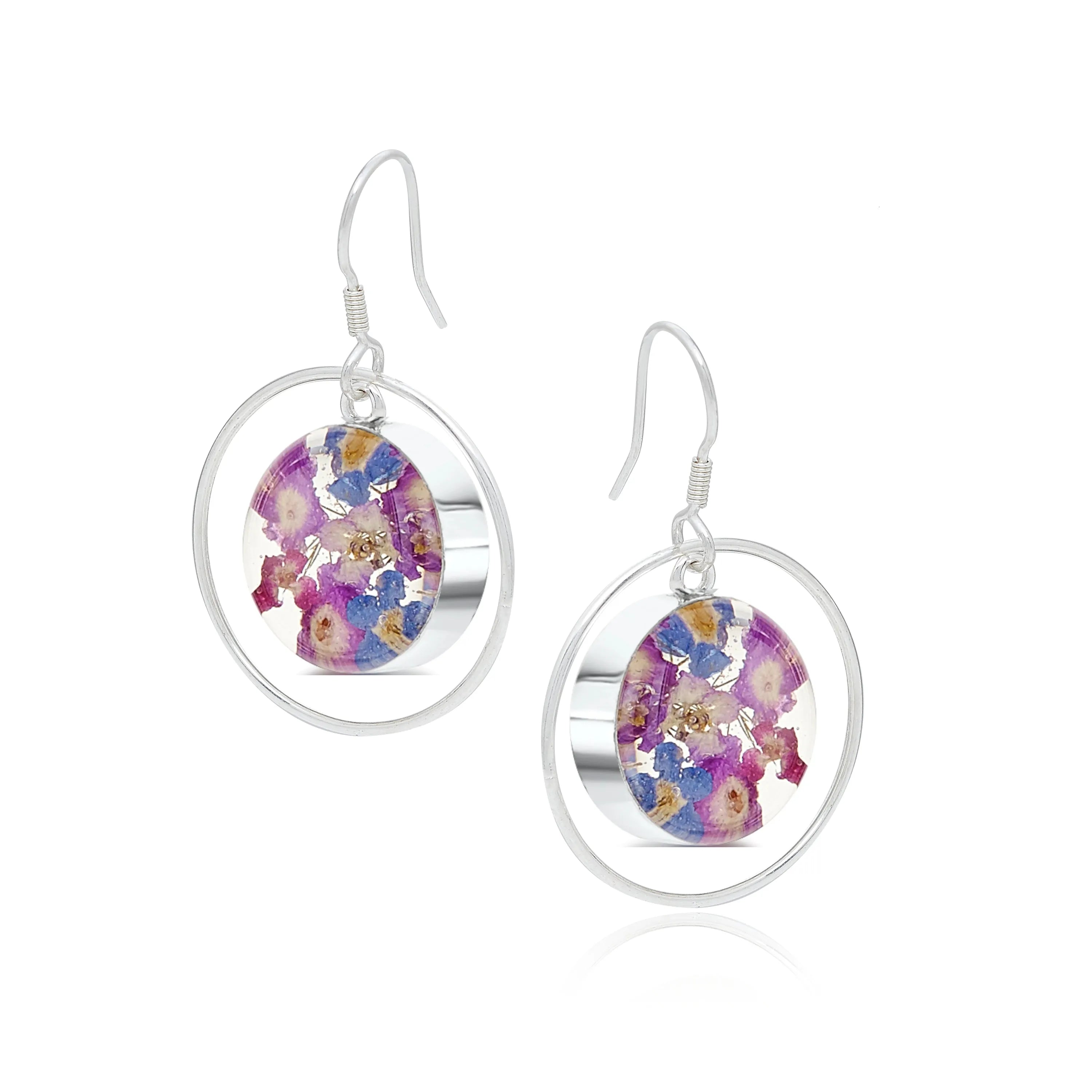 Boucles d'oreilles créoles en argent sterling avec fleurs véritables – Collection Purple Haze