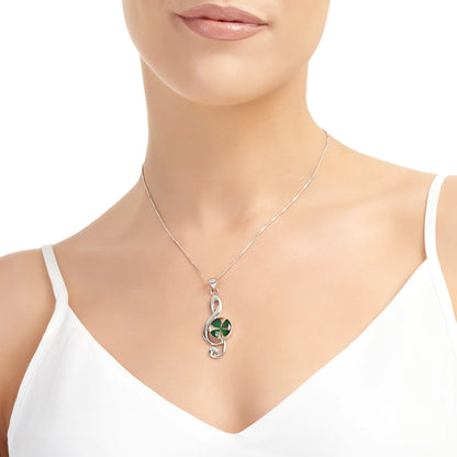 Collier pendentif en argent sterling avec clé de sol et véritable trèfle à quatre feuilles