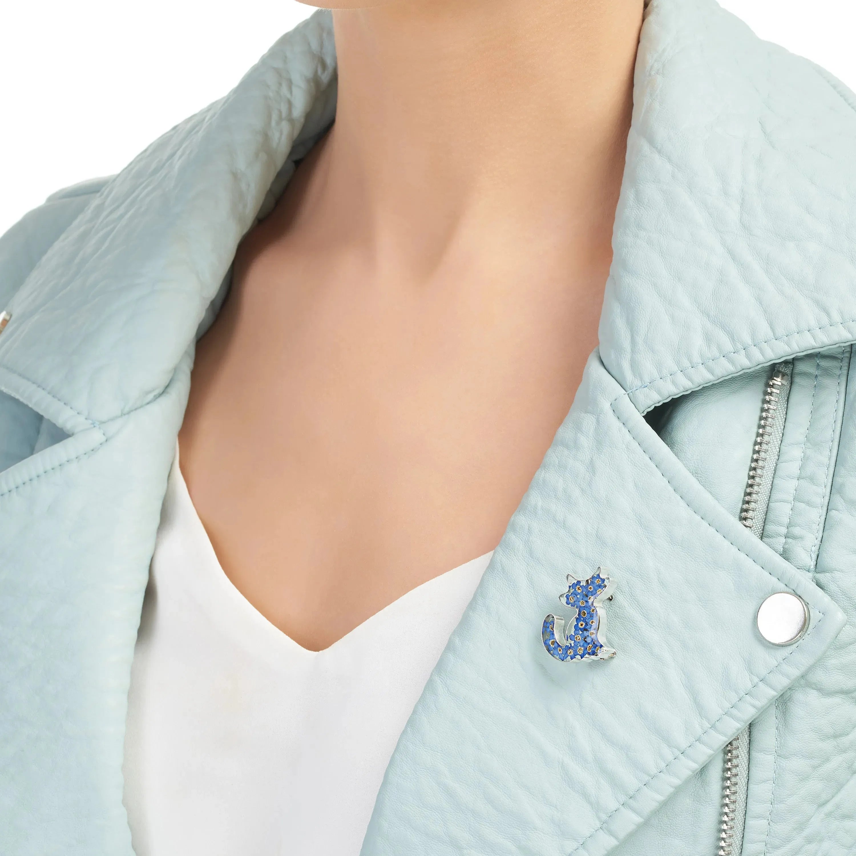 Broche Chat Myosotis – Fait main avec de vraies fleurs