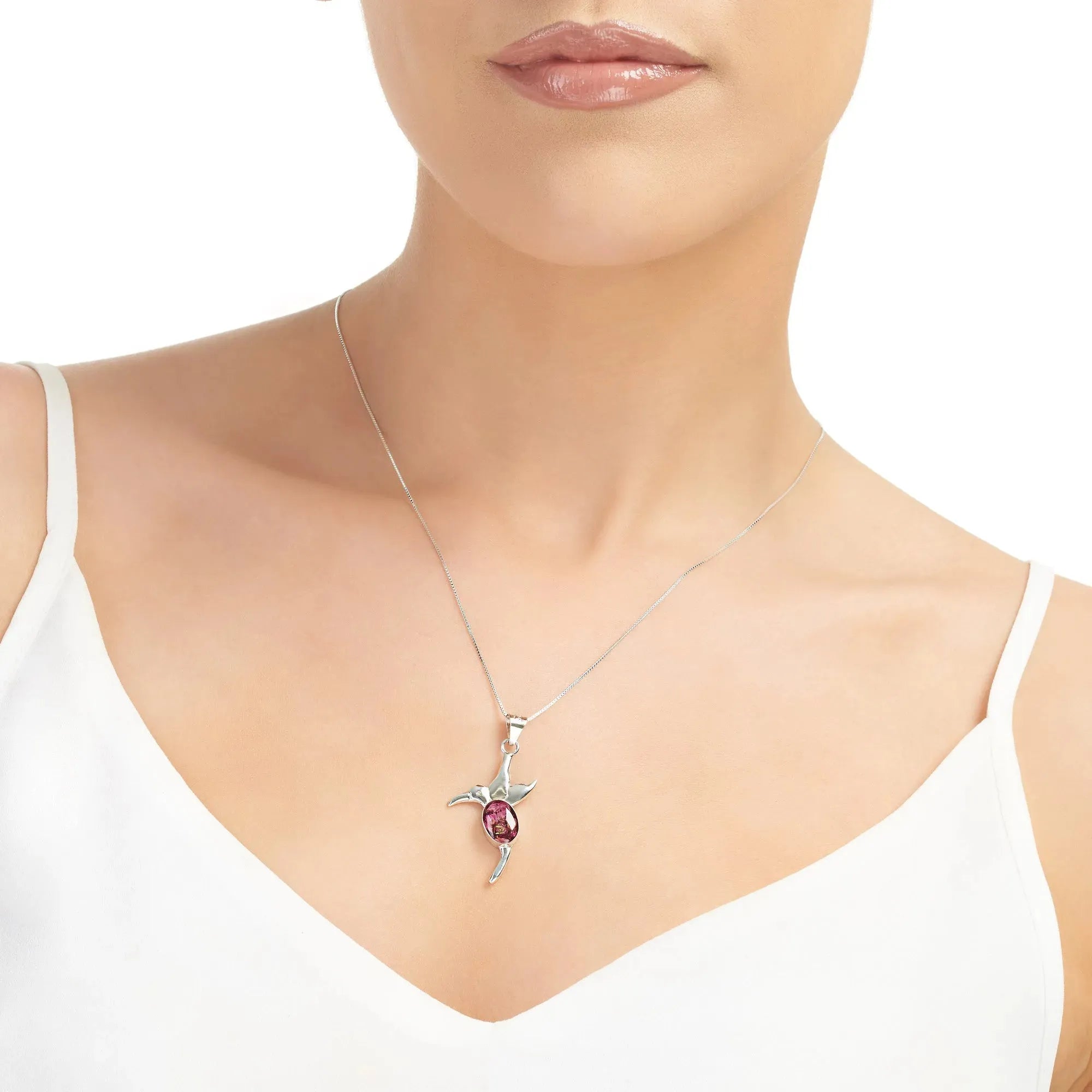 Collier colibri en argent sterling avec de vraies fleurs de bruyère