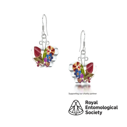 Butterfly earrings by Shrieking Violet® Sterling silver dangle drop earrings with real flowers. Ideal jewellery gift for butterfly lover.