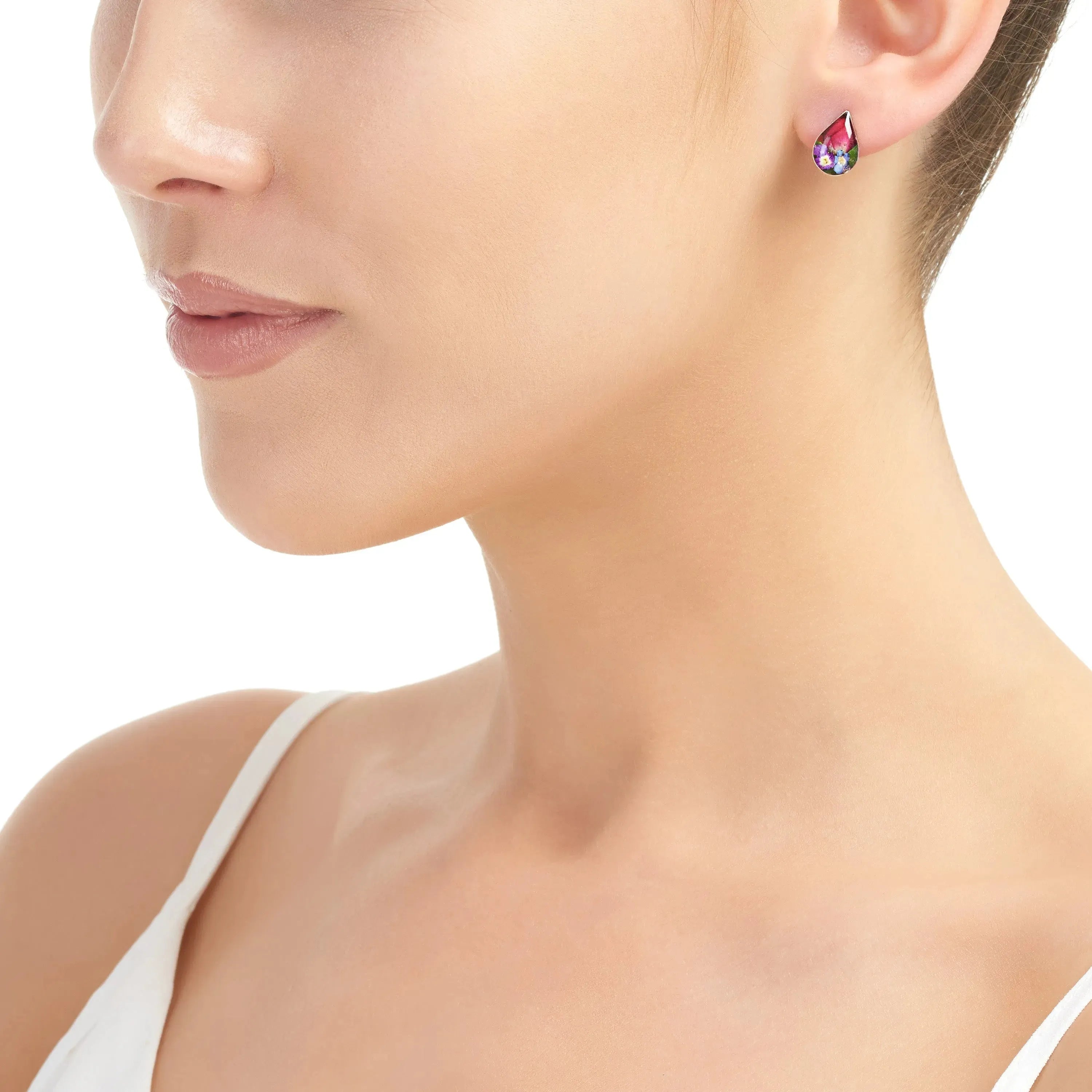 Boucles d'oreilles clous en forme de goutte en argent sterling avec de vraies fleurs