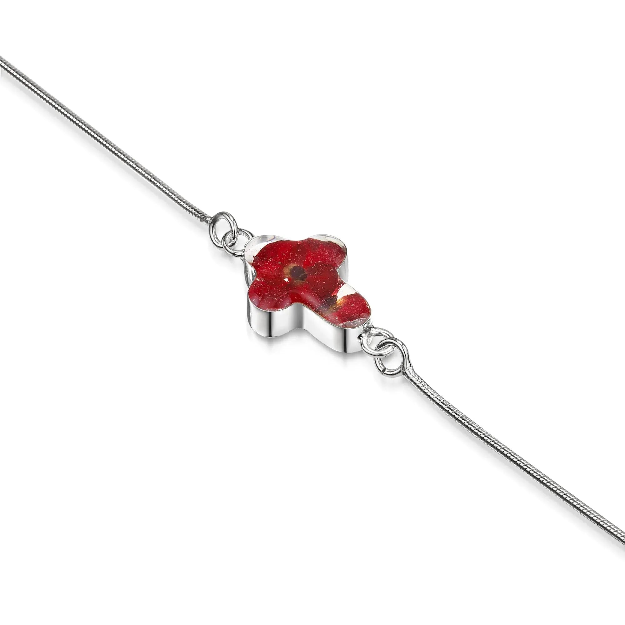 Bracelet Croix Coquelicot en argent sterling fait main avec de vraies fleurs