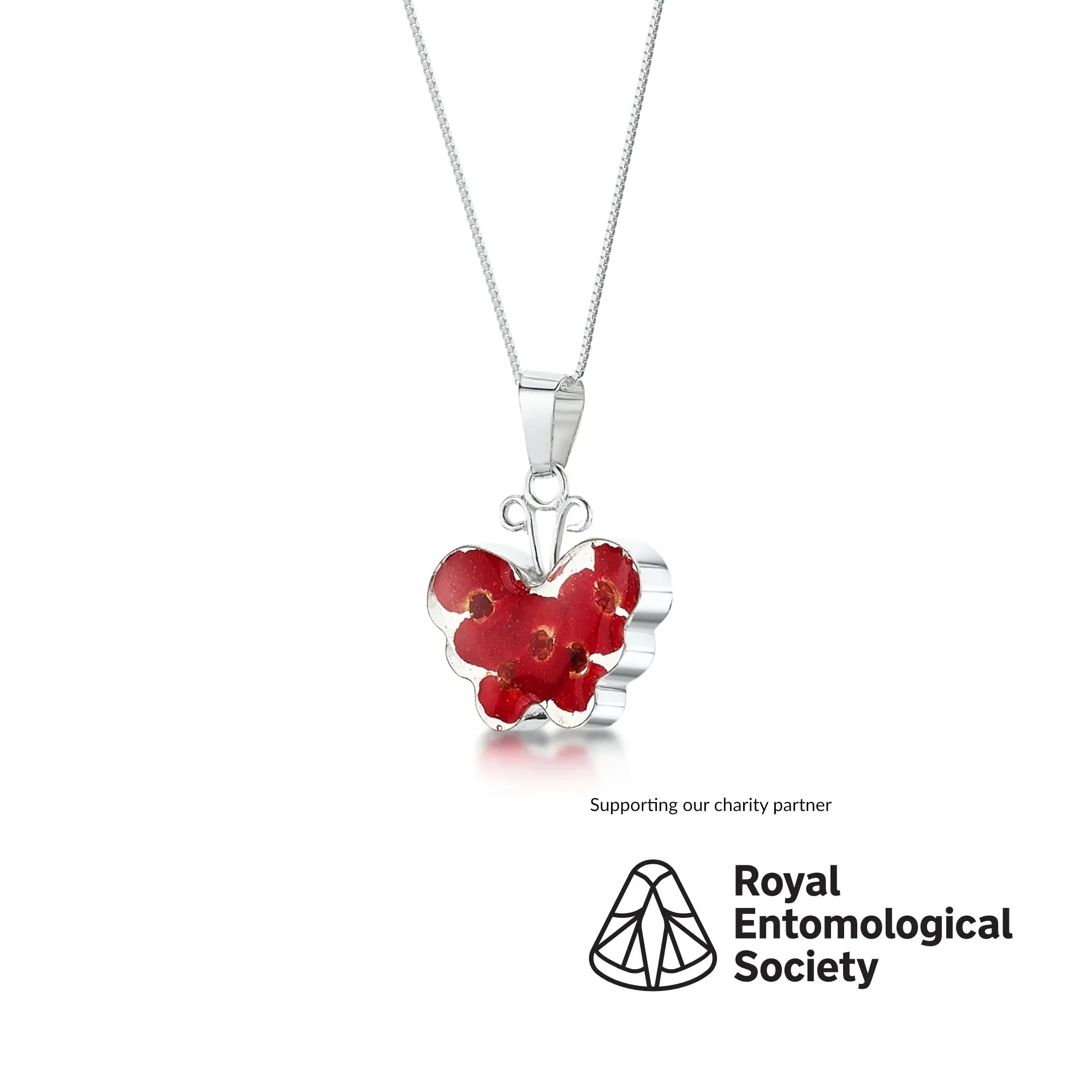 Poppy butterfly necklace by  Shrieking Violet® Sterling silver pendant handmade with real Euphorbia milii flowers. jewellery gift for butterfly lovers
