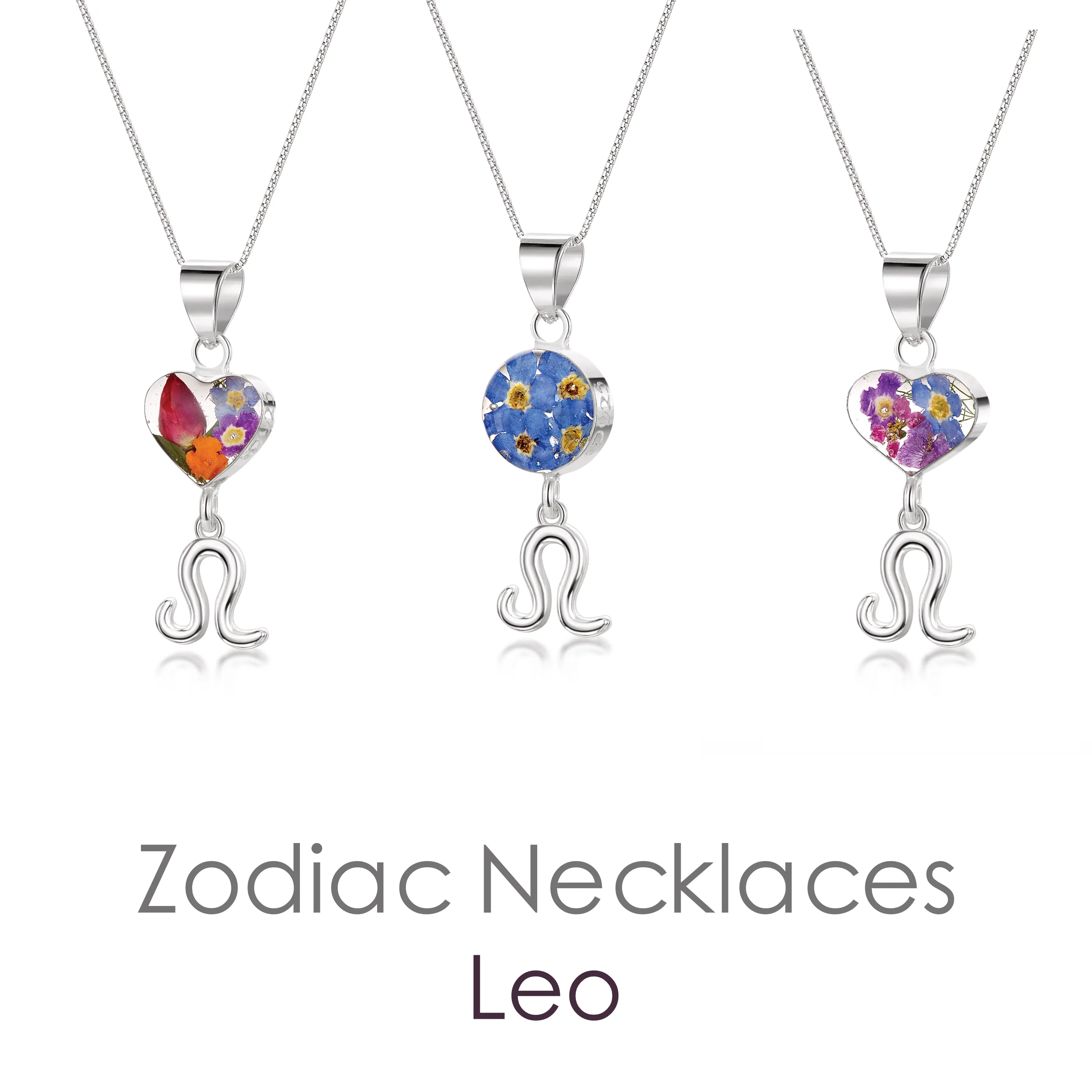 Leo Necklace - Sterling silver pendant with real flowers & a zodiac charm.   More Options...