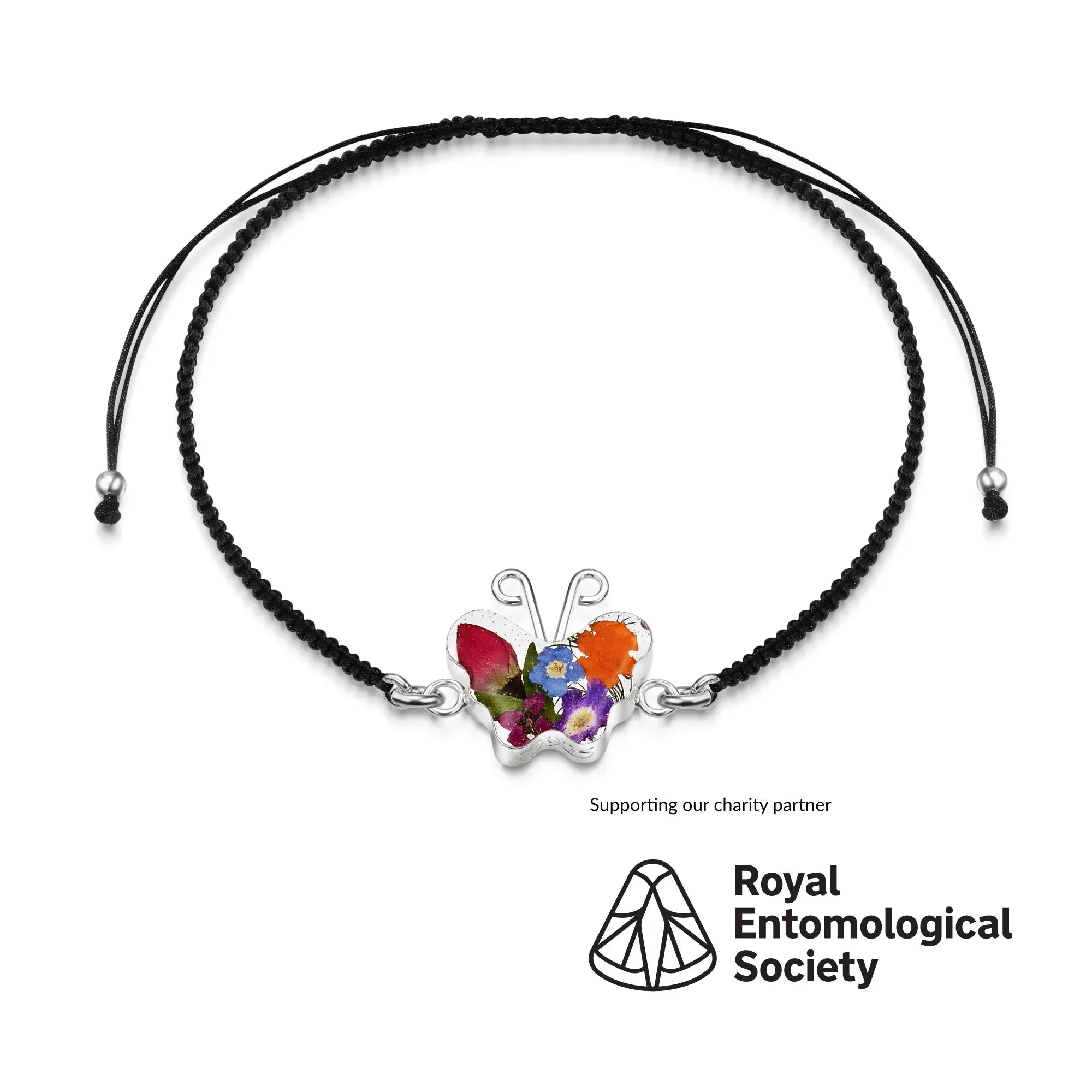 Sterling Silver black woven bracelet with flower charm - Mixed - Butterfly